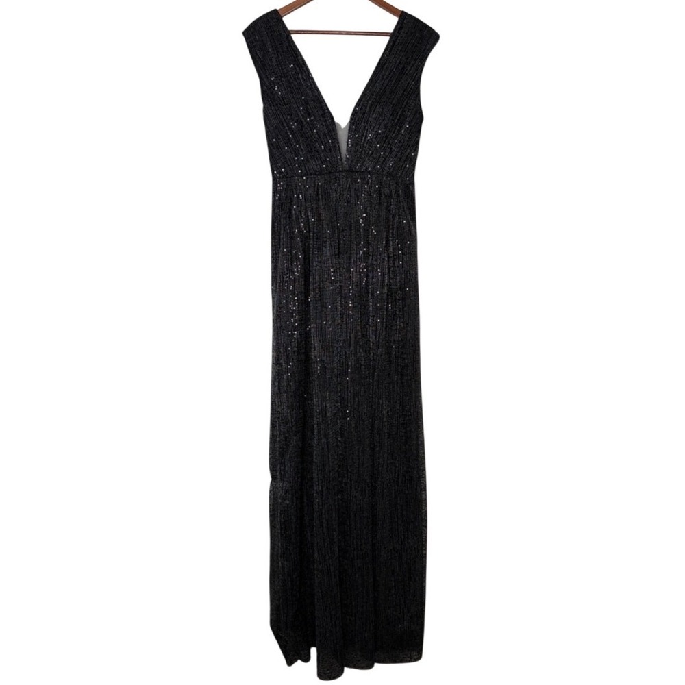 Monique Lhuillier Black Sequin Maxi Gown Deep V Formal Evening Dress 4 - Picture 2 of 5